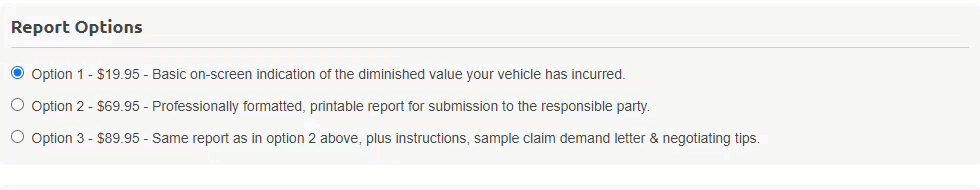 User selecting Option 2 for professional diminished value report on DVASSESS website.