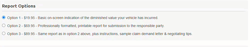 User selecting Option 3 for comprehensive diminished value report on DVASSESS website.