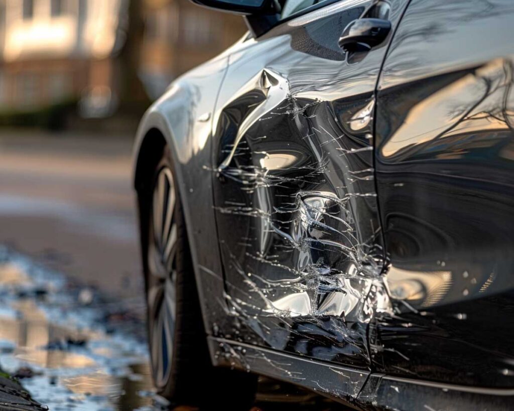 Damaged sedan in Georgia illustrating potential diminished value post-accident