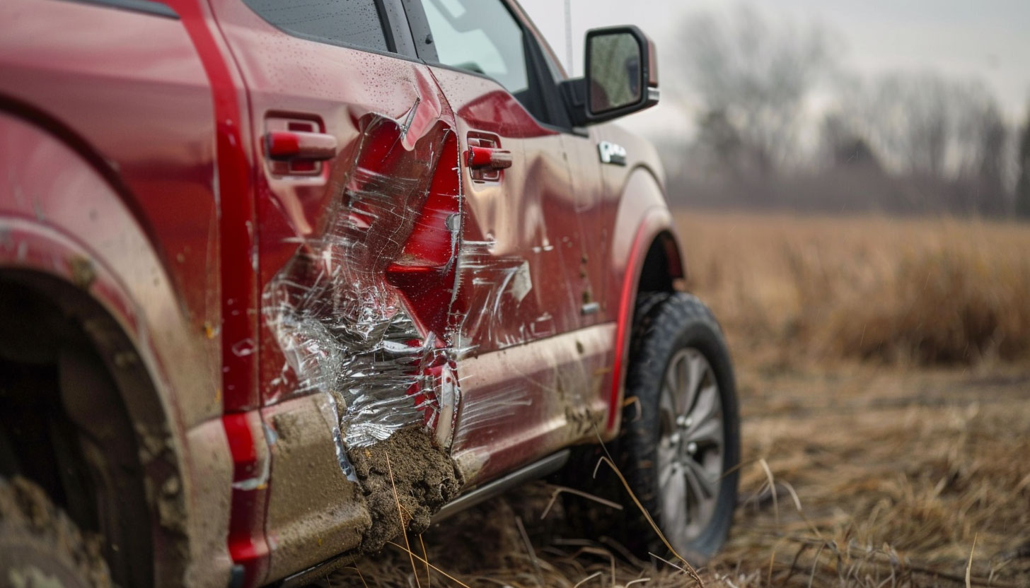 Red pickup truck with significant accident damage on the rear side panel and taillight, mud on tires, in a barren field.