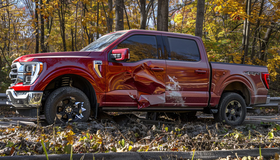 Damaged red pickup truck with side and rear panel damage parked in a wooded area during autumn.