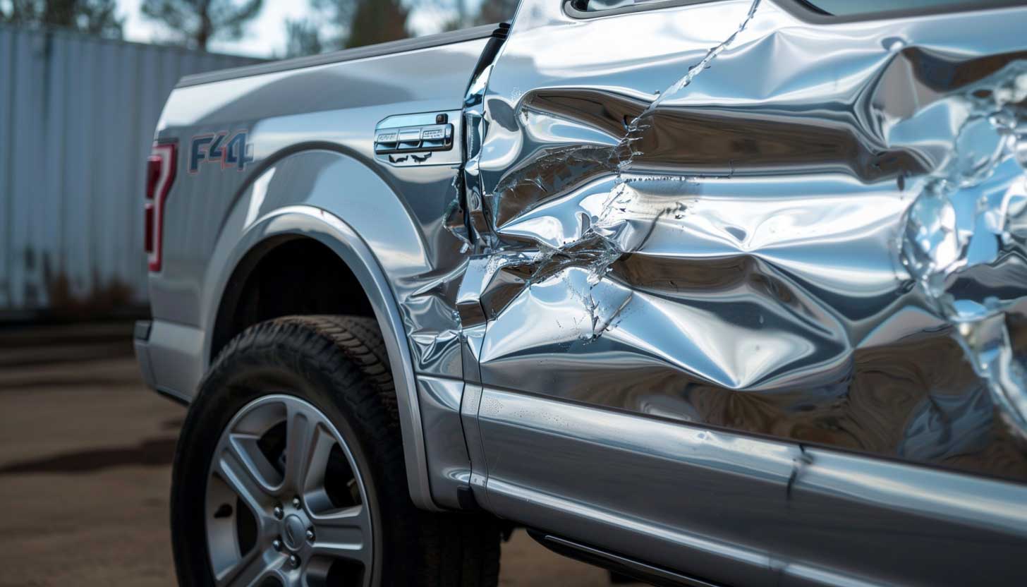 Close-up of a damaged silver Ford F-150 pickup truck, symbolizing diminished value in Delaware