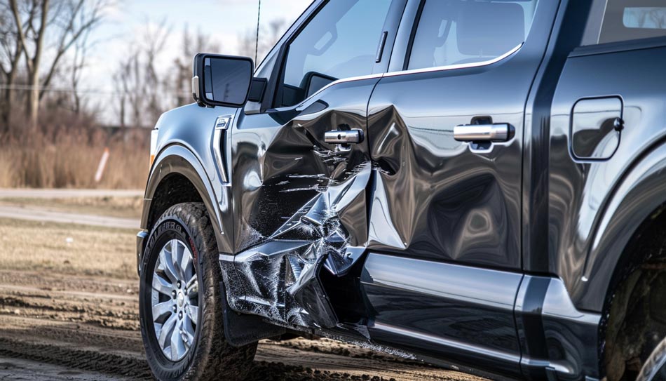 Damaged side of a black pickup truck symbolizing vehicle diminished value in Montana.