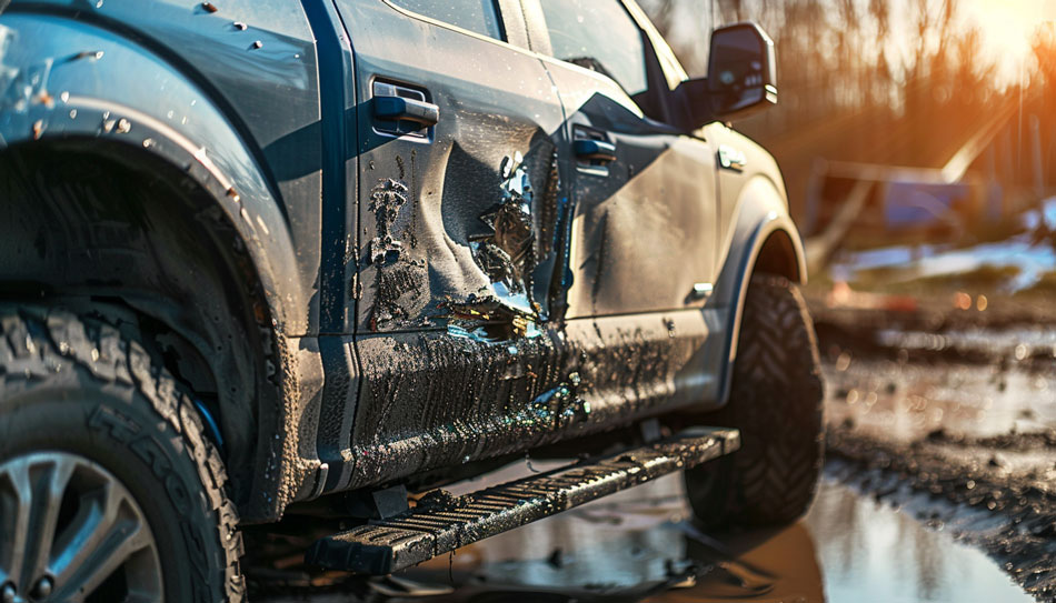 Pickup truck with a dent on its side, symbolizing vehicle diminished value in Oregon.