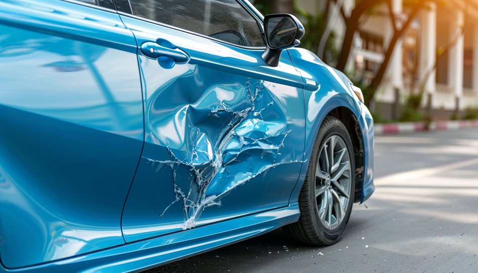 Damaged blue Toyota Camry showing vehicle diminished value.