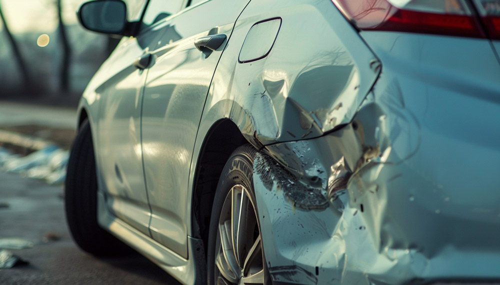 Damaged silver car with a dented rear side, illustrating vehicle diminished value in Ohio.