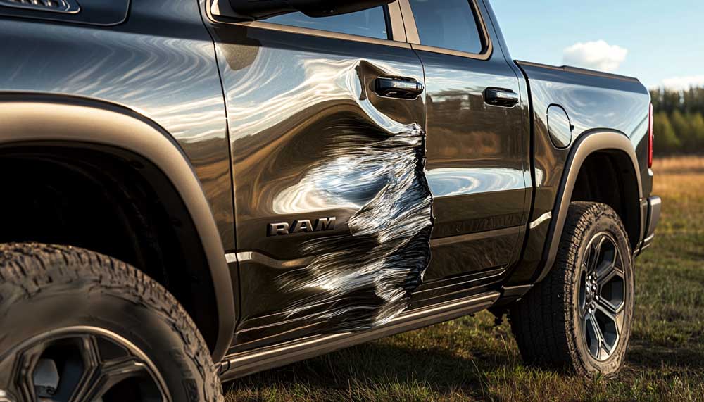 A black pickup truck with a large dent on its side, representing vehicle diminished value in Idaho