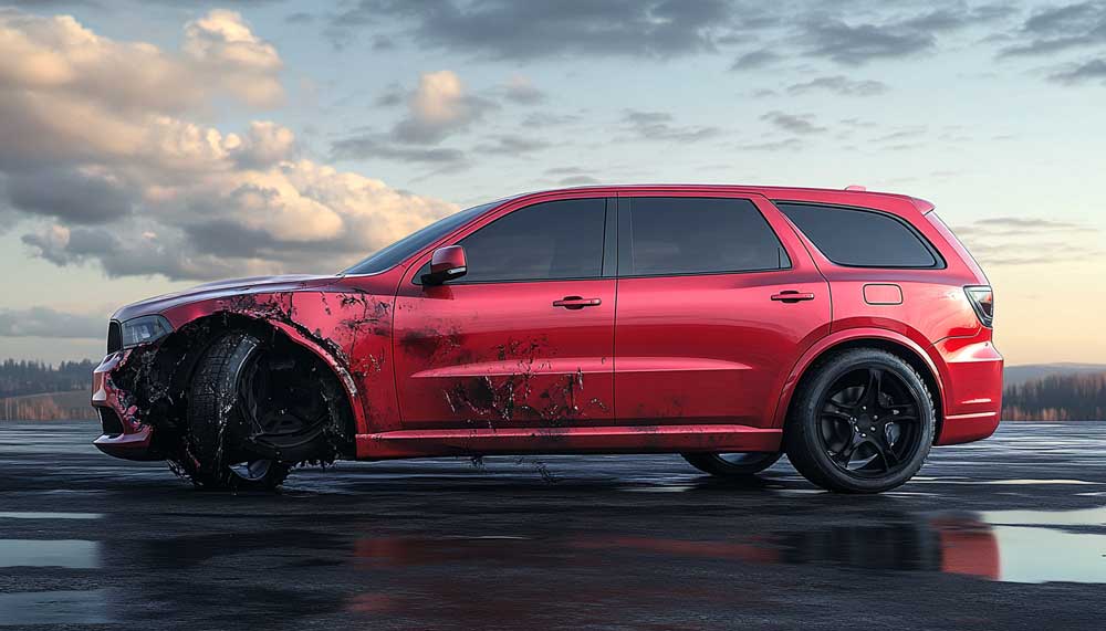 Red SUV with significant front-end damage on a wet road against a cloudy sky