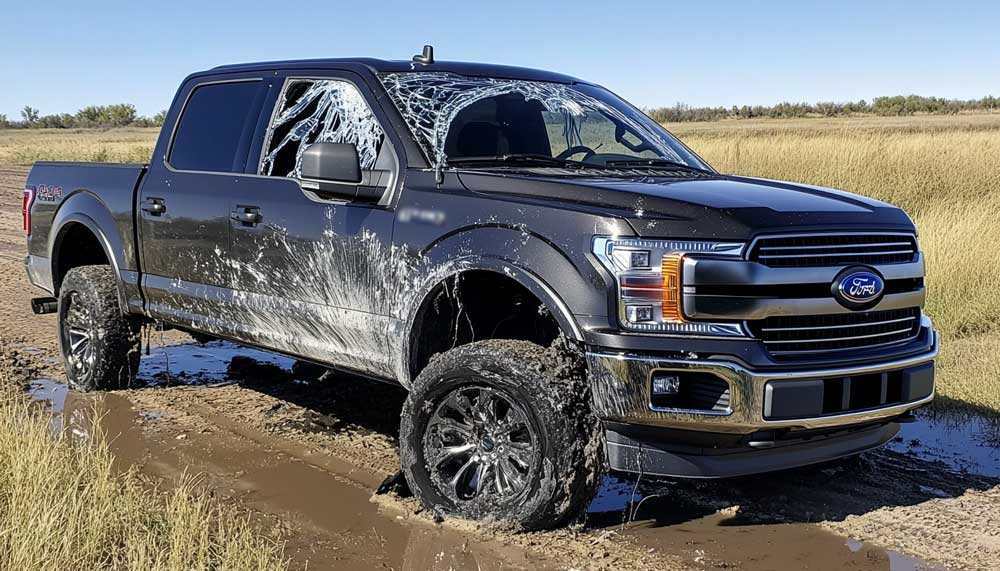 Ford F-150 truck with damaged windshield stuck in muddy field in Colorado