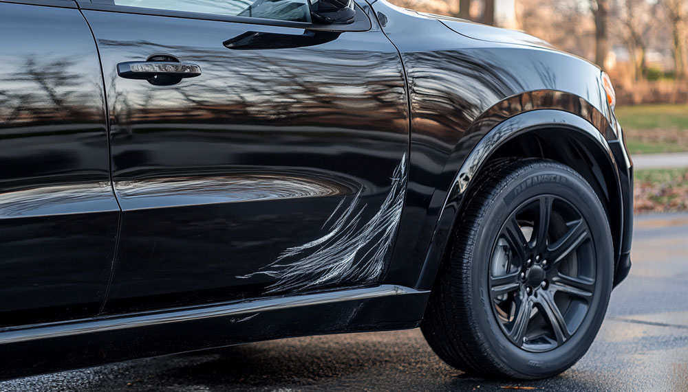 Close-up of a black SUV with visible scratch damage along the side panel